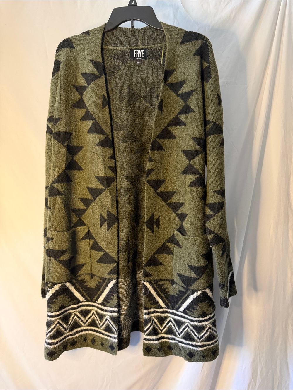 FRYE Cardigan Women Medium Olive Green Like New Aztec Knit Open Front Pockets